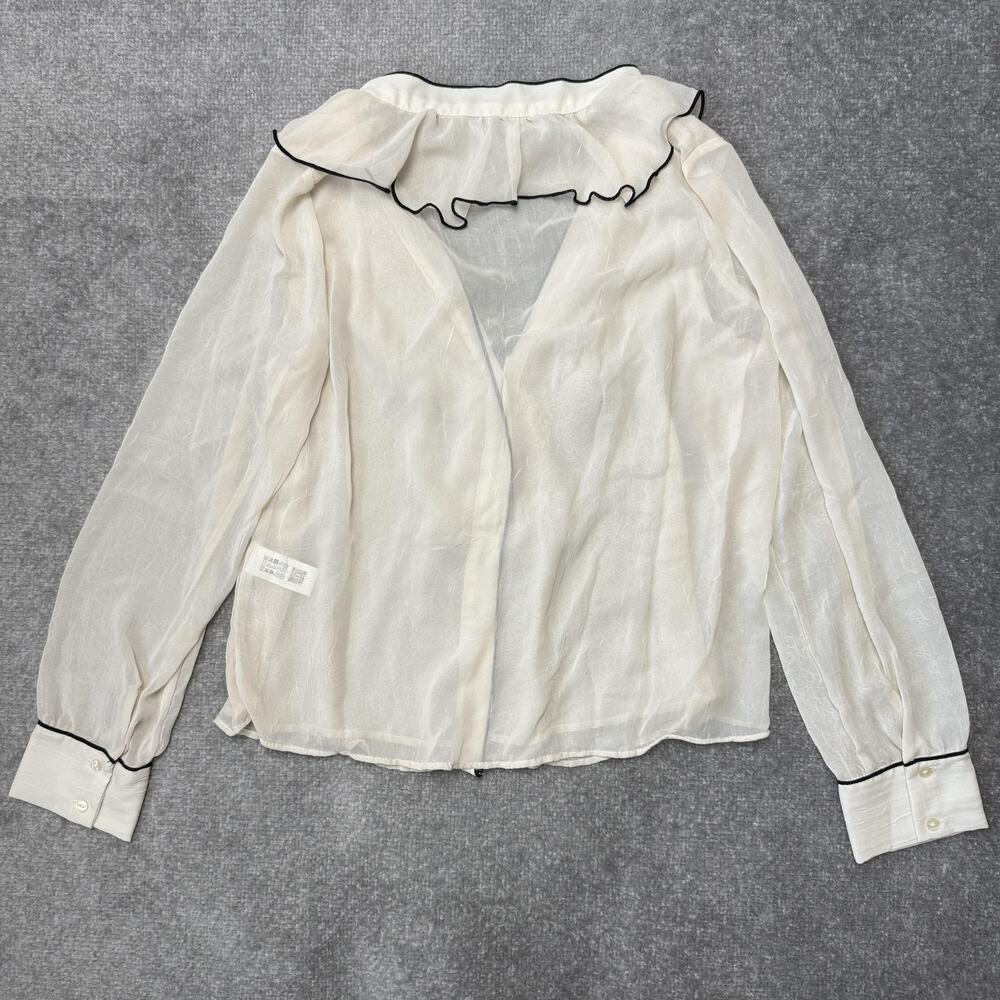 Zara Shirt Womens Medium Cream Sheer Ruffle Button Front Long Sleeve V Neck - Picture 7 of 7